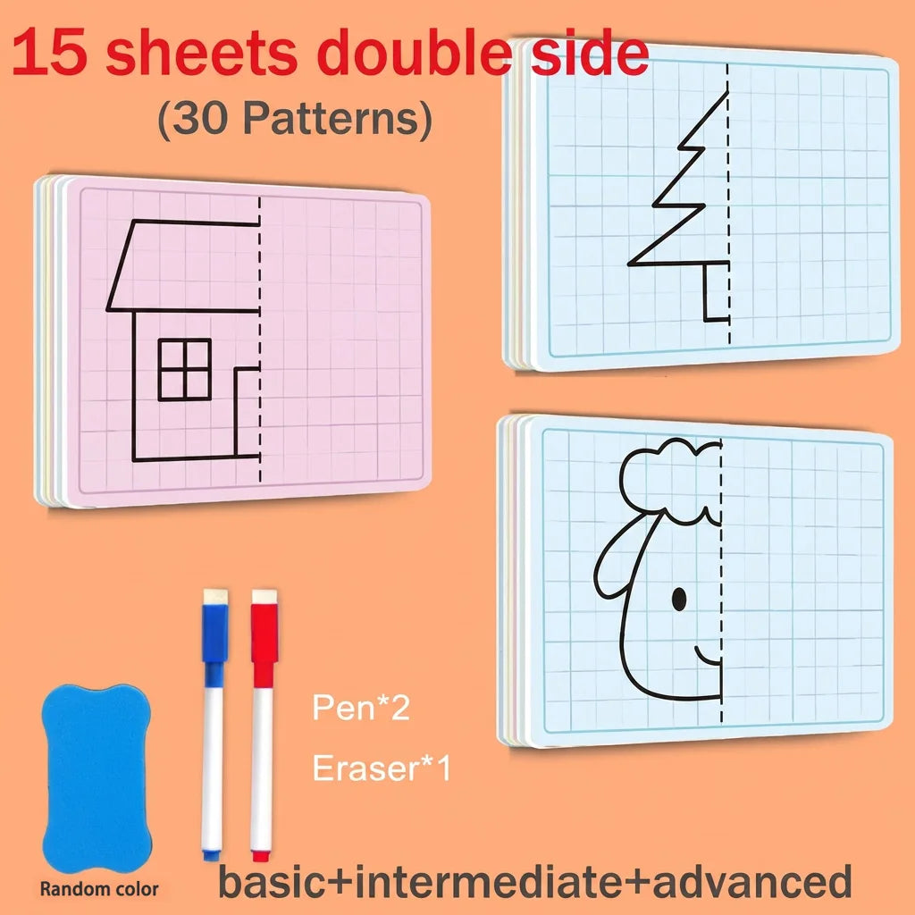 Kids Symmetrical Drawing Toy Cartoon Lattice Writing Board Reusable Pen