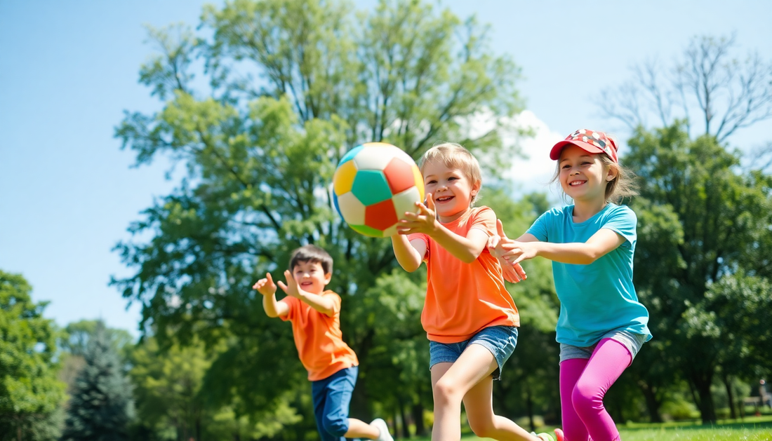 Outdoor Sports Equipment: Children Throwing and Catching the Ball at ChildrenToyStore.com