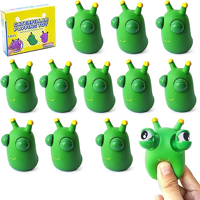 Funny Grass Worm Pinch Toy, Green Eye Bouncing Worm Squeeze Toy,