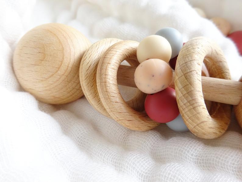 Baby Wooden Rattles, Raw Wooden Toys, Silicone Beads