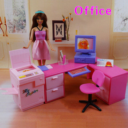 Doll Furniture Office Computer Desk Bookcase Set Play House Toys