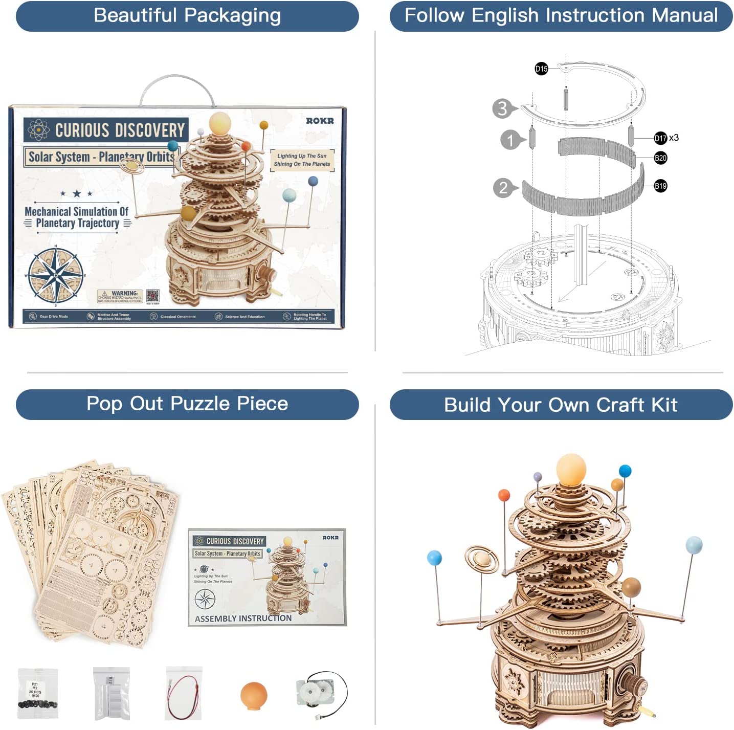 Robotime ROKR 316PCS Rotatable Mechanical Orrery 3D Wooden Puzzle