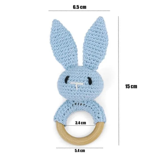1PC Crochet Animal Bear Rattle Toy Soother Bracelet Wooden Teether Ring