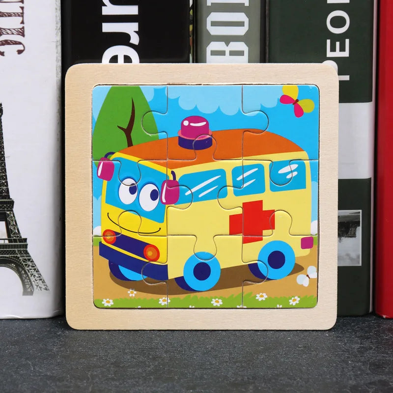 11X11CM Kids Wooden Puzzle Cartoon Animal Traffic Tangram Wood Puzzle Toys