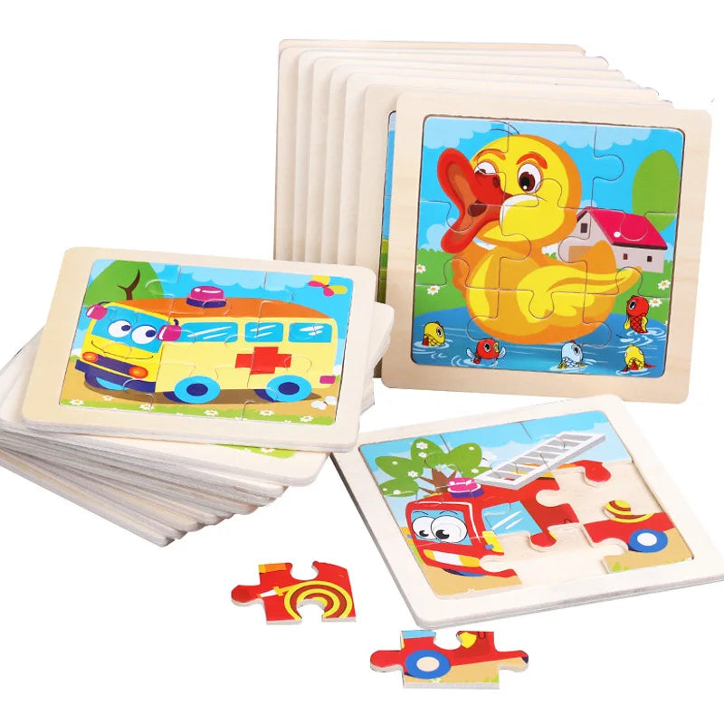 11X11CM Kids Wooden Puzzle Cartoon Animal Traffic Tangram Wood Puzzle Toys