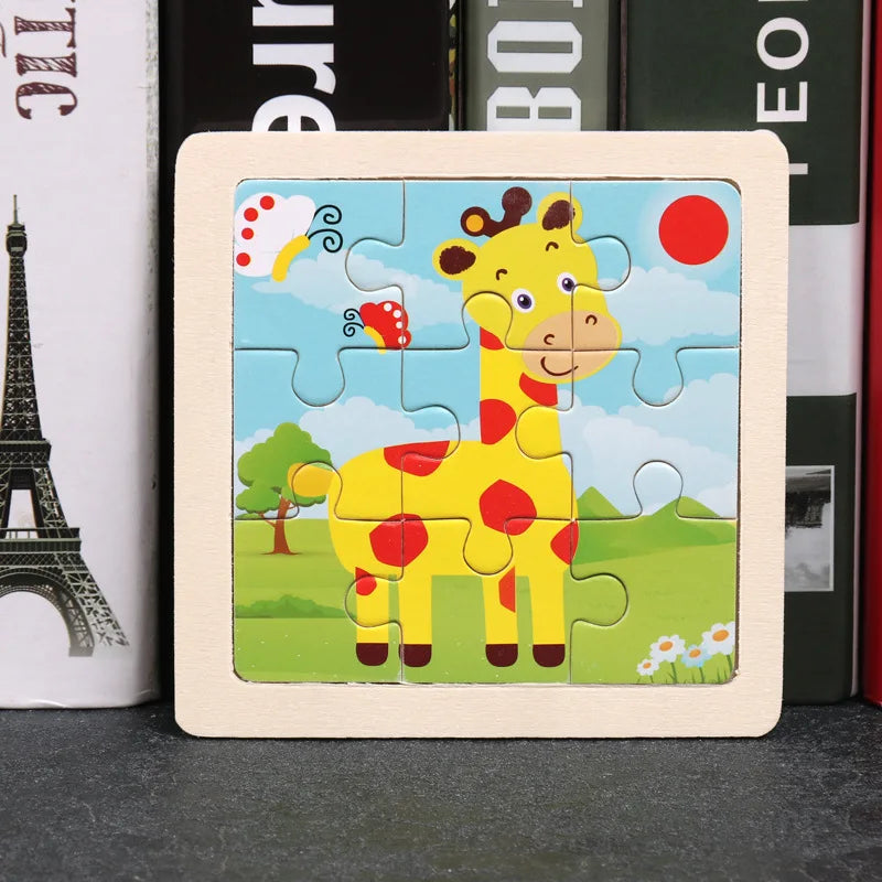 11X11CM Kids Wooden Puzzle Cartoon Animal Traffic Tangram Wood Puzzle Toys