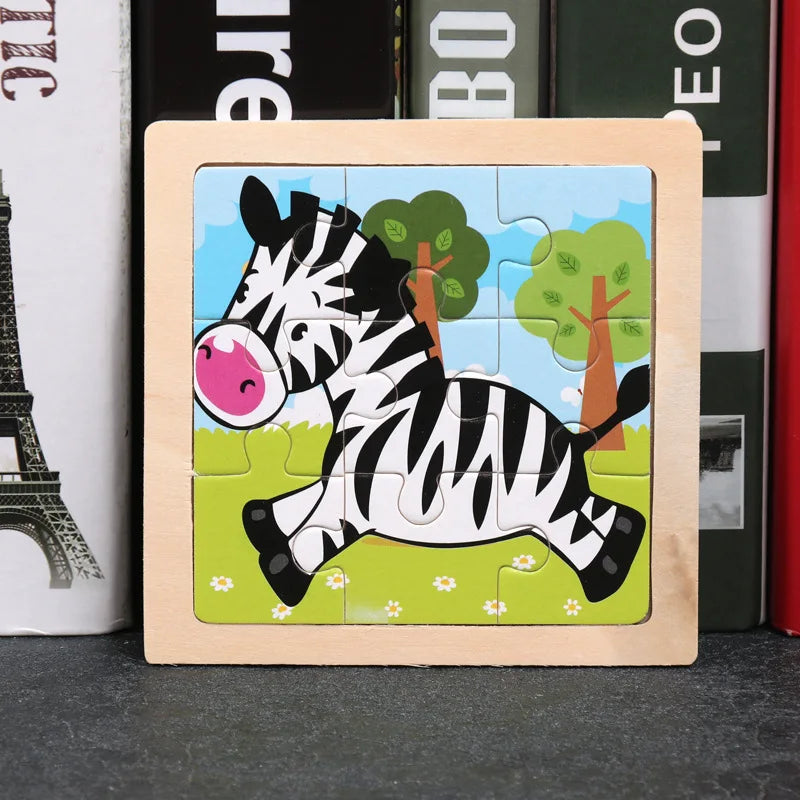 11X11CM Kids Wooden Puzzle Cartoon Animal Traffic Tangram Wood Puzzle Toys