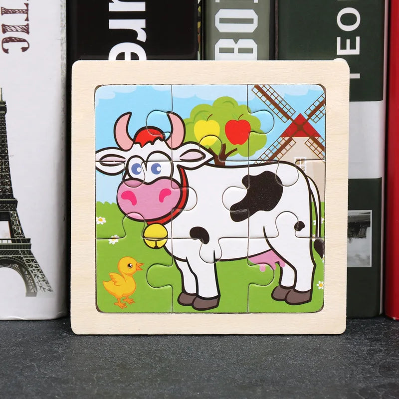 11X11CM Kids Wooden Puzzle Cartoon Animal Traffic Tangram Wood Puzzle Toys