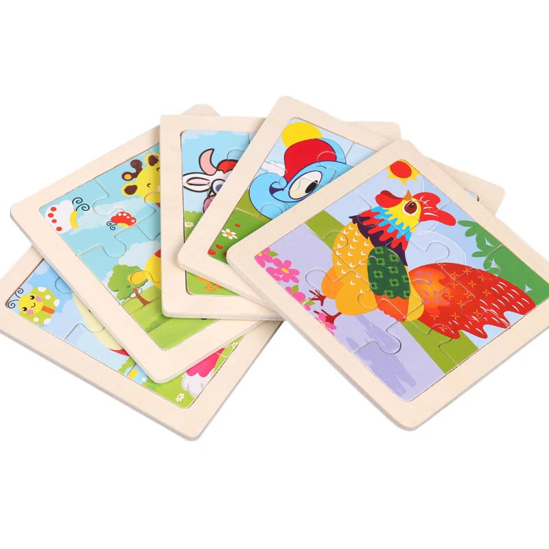 11X11CM Kids Wooden Puzzle Cartoon Animal Traffic Tangram Wood Puzzle Toys