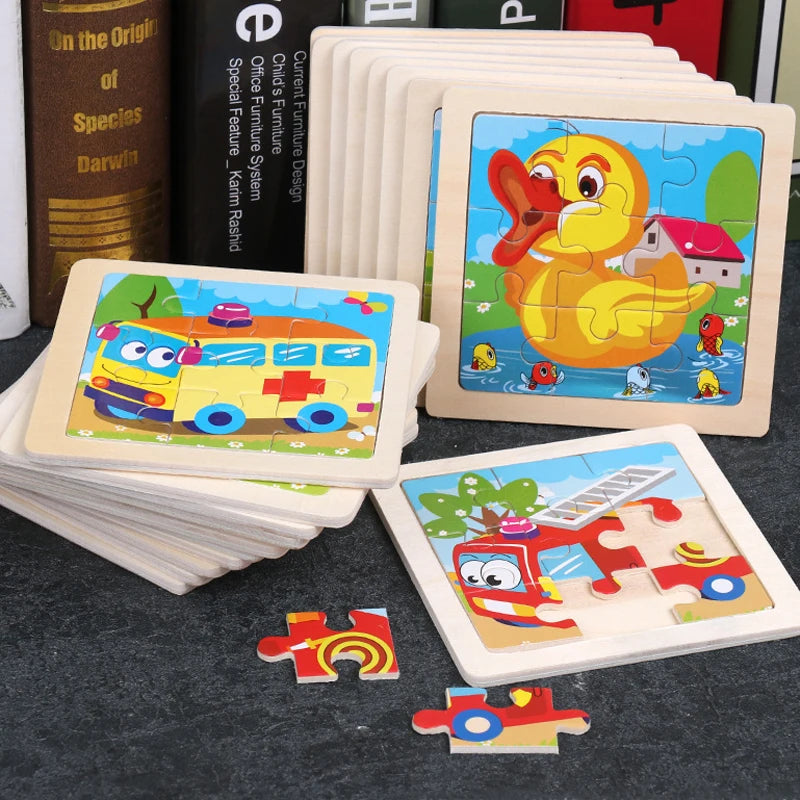11X11CM Kids Wooden Puzzle Cartoon Animal Traffic Tangram Wood Puzzle Toys