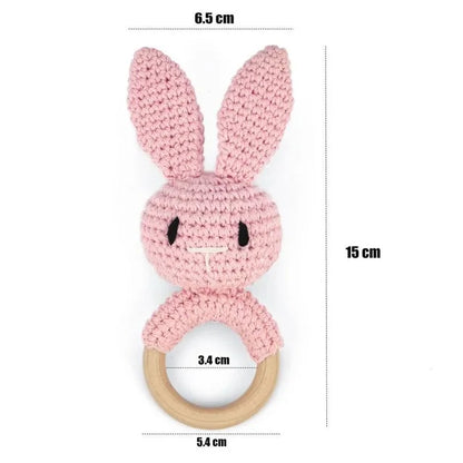 1PC Crochet Animal Bear Rattle Toy Soother Bracelet Wooden Teether Ring