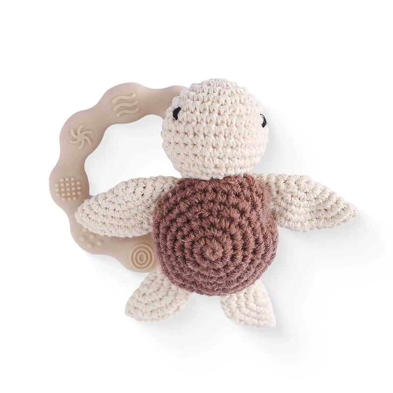 1PC Crochet Animal Bear Rattle Toy Soother Bracelet Wooden Teether Ring