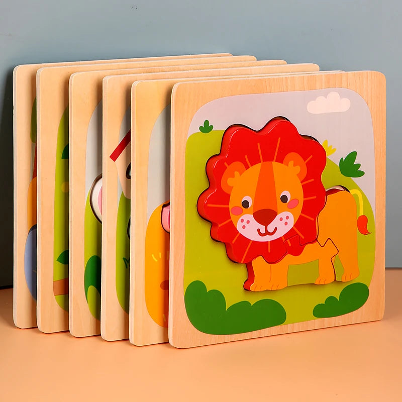 Montessori Wooden Toys Wood Puzzle Cartoon Animals Cognitive Jigsaw Puzzle