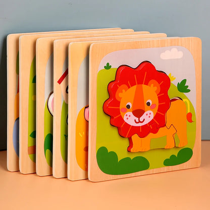 Montessori Wooden Toys Wood Puzzle Cartoon Animals Cognitive Jigsaw Puzzle