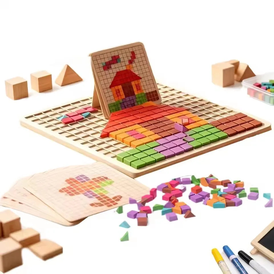 3D Pixel Particle Wooden Blocks Mosaic Puzzle, Pointillism Educational Building Toy
