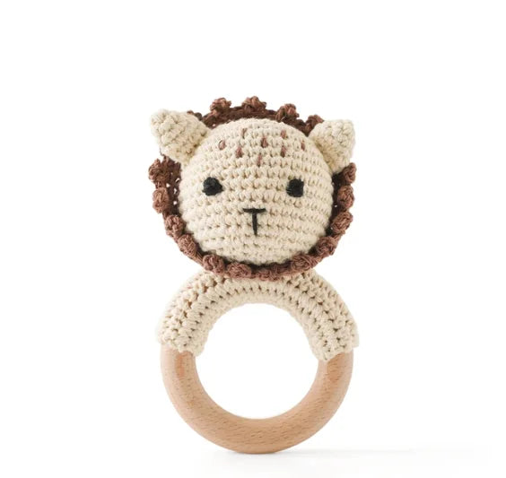 1PC Crochet Animal Bear Rattle Toy Soother Bracelet Wooden Teether Ring