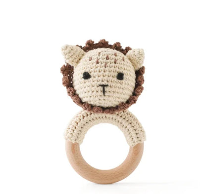 1PC Crochet Animal Bear Rattle Toy Soother Bracelet Wooden Teether Ring
