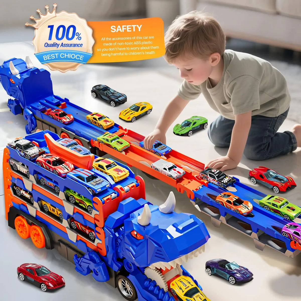 Dinosaur Transport Truck Toy Race Track Folding Dino Carrier Car Set