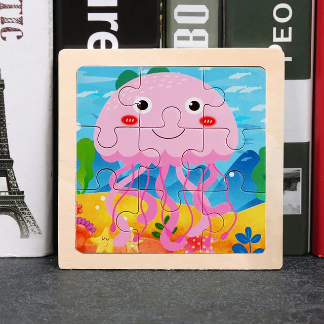 11X11CM Kids Wooden Puzzle Cartoon Animal Traffic Tangram Wood Puzzle Toys