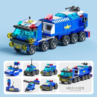 Mini size 6 In 1 Building Blocks DIY Police Car Fire Truck Castle