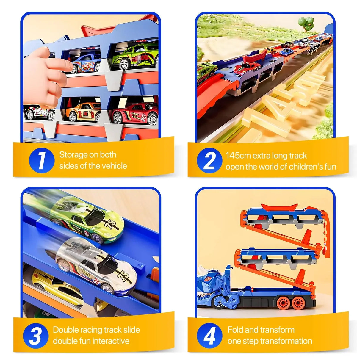 Dinosaur Transport Truck Toy Race Track Folding Dino Carrier Car Set