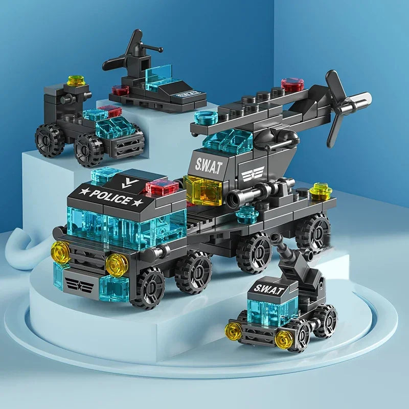 Mini size 6 In 1 Building Blocks DIY Police Car Fire Truck Castle