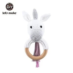 1PC Crochet Animal Bear Rattle Toy Soother Bracelet Wooden Teether Ring