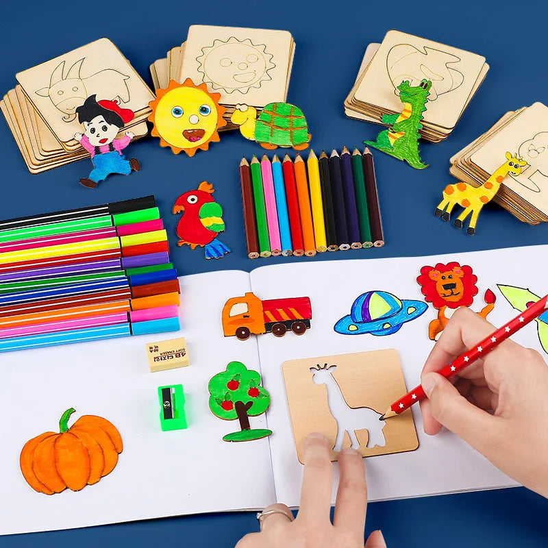 20pcs Montessori Kids Drawing Toys Wooden DIY Painting Stencils Set