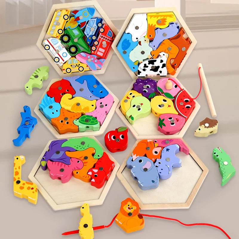 Montessori Wooden Magnetic Fishing Toys Marine Life Cognition Games Early Educational Toy