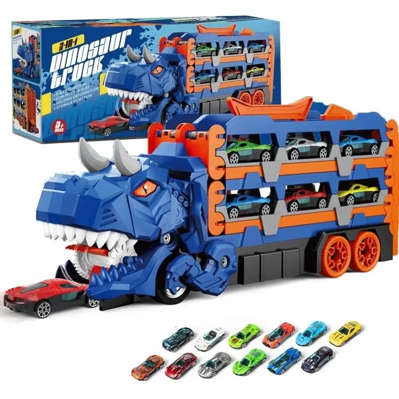 Dinosaur Transport Truck Toy Race Track Folding Dino Carrier Car Set