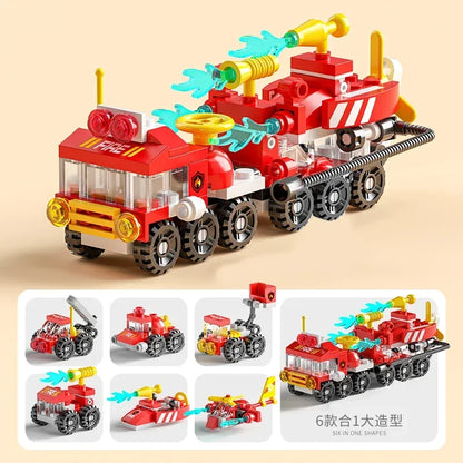 Mini size 6 In 1 Building Blocks DIY Police Car Fire Truck Castle