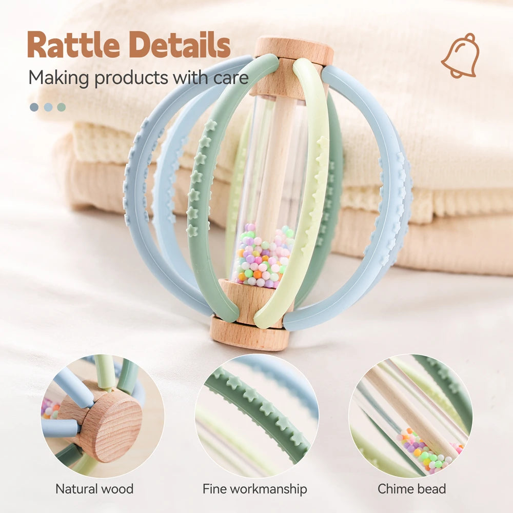 Rattle Toy Wooden Rain Drum With Silicone Silicone Teeth Grinding Rod Baby Toy