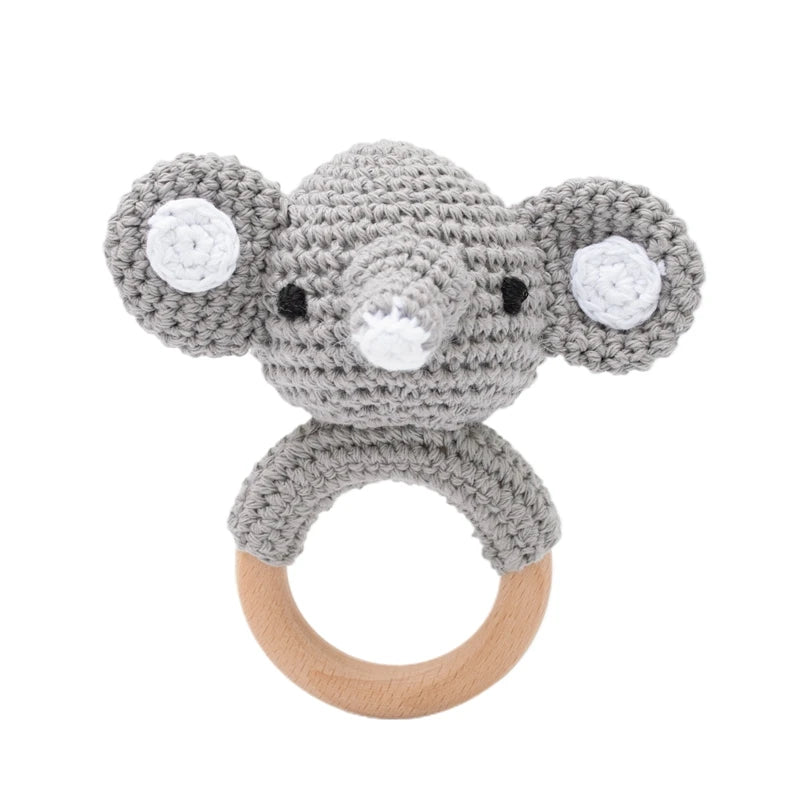 1PC Crochet Animal Bear Rattle Toy Soother Bracelet Wooden Teether Ring