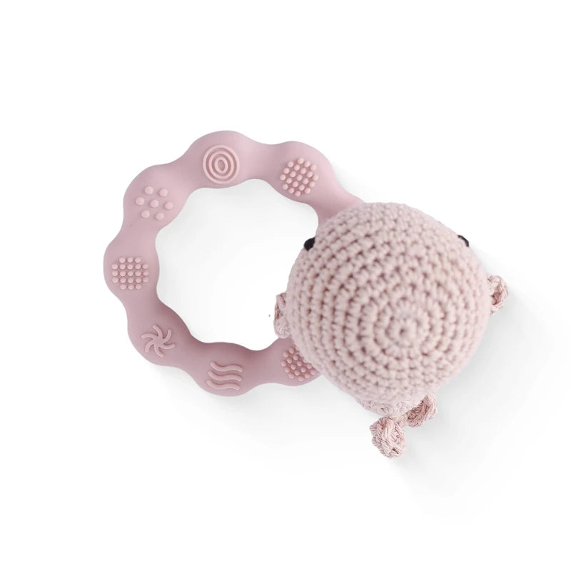 1PC Crochet Animal Bear Rattle Toy Soother Bracelet Wooden Teether Ring