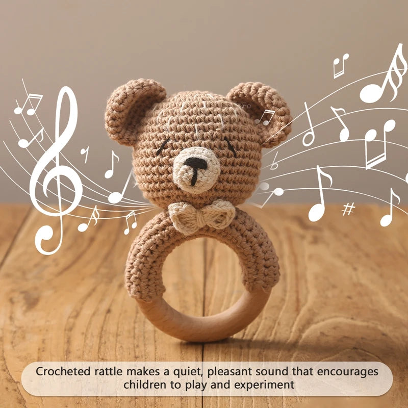 1PC Crochet Animal Bear Rattle Toy Soother Bracelet Wooden Teether Ring