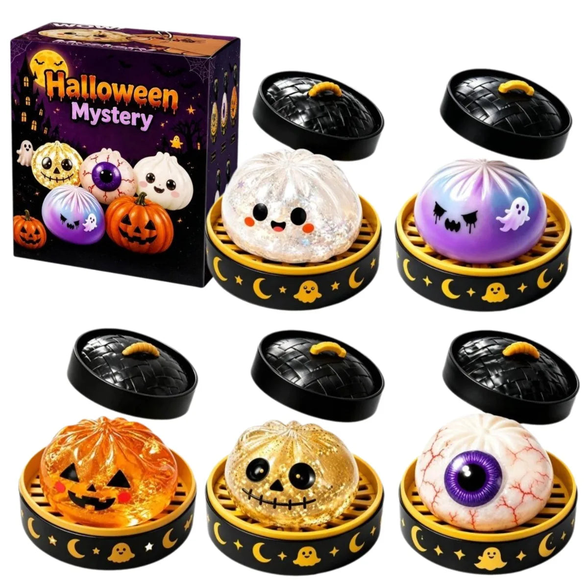 5.5cm Soft Squishy Dumpling Toy With Halloween Theme Steamed Box