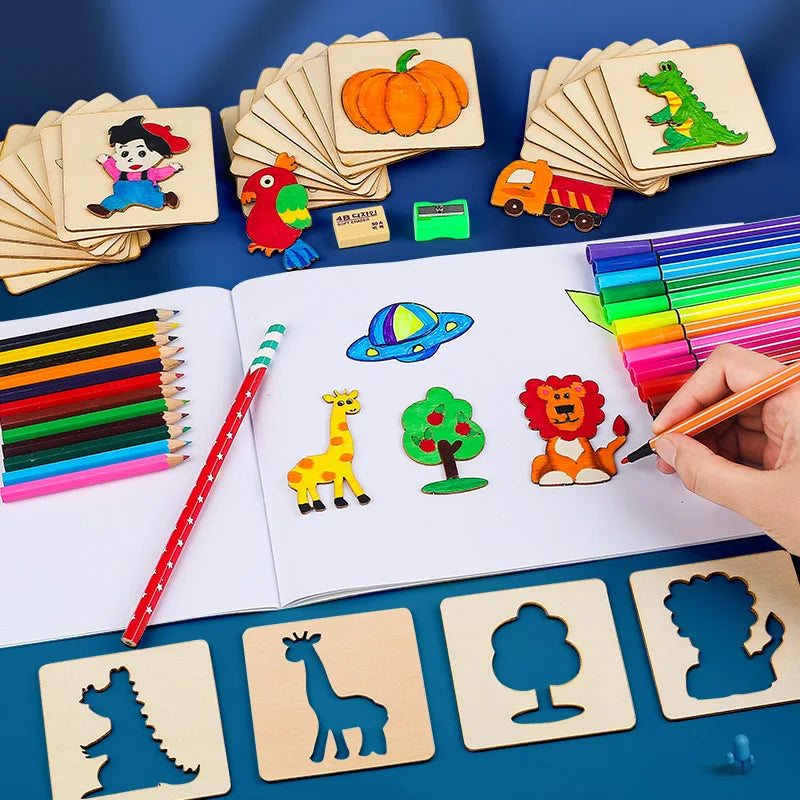 20pcs Montessori Kids Drawing Toys Wooden DIY Painting Stencils Set