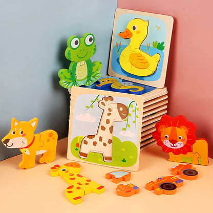 Montessori Wooden Toys Wood Puzzle Cartoon Animals Cognitive Jigsaw Puzzle