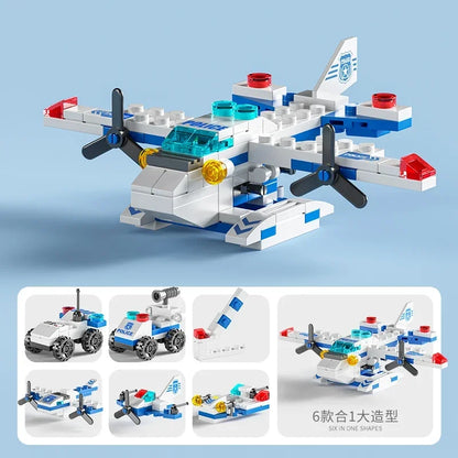 Mini size 6 In 1 Building Blocks DIY Police Car Fire Truck Castle
