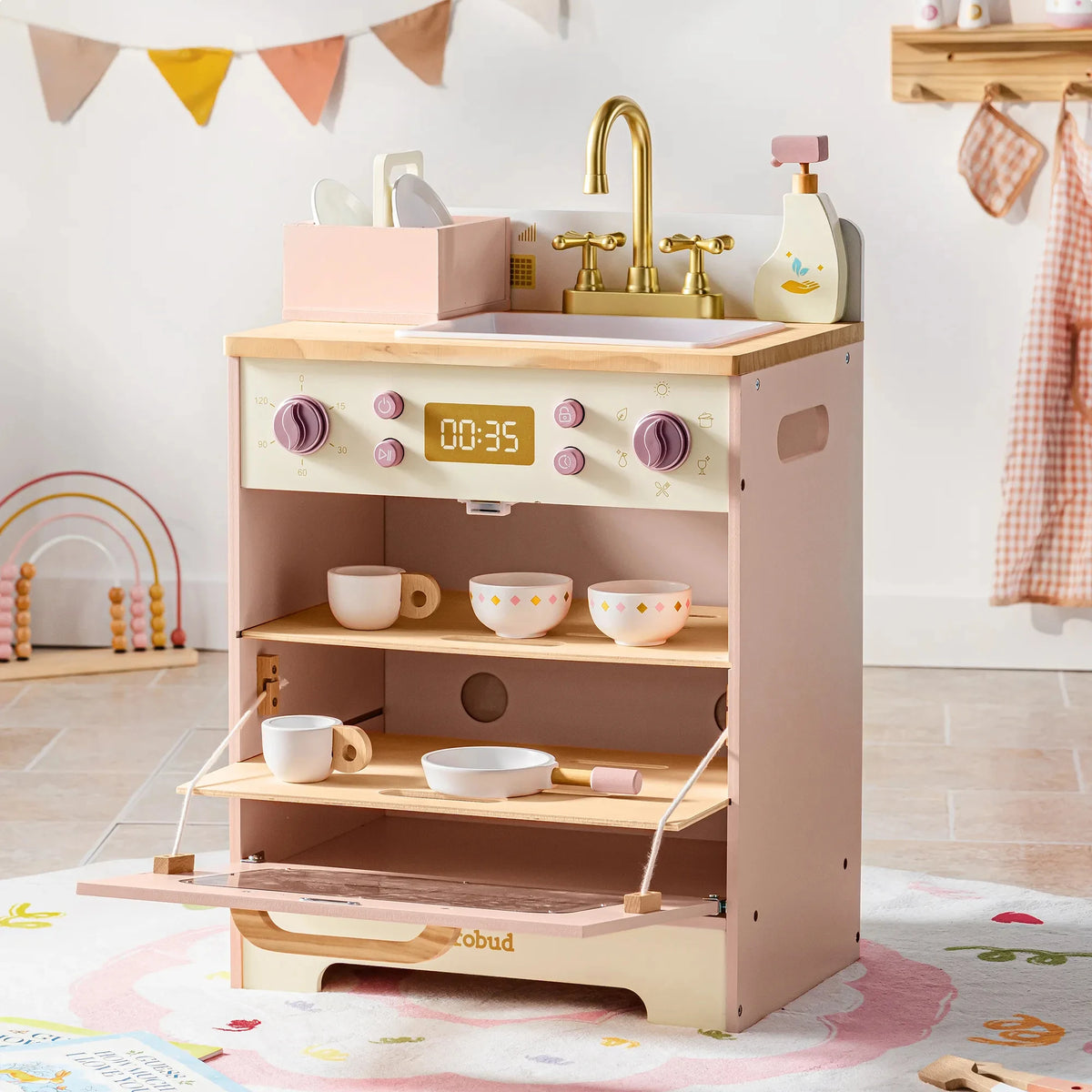 Robud Kids Wooden Pink Play Kitchen All in 1 Corner Set Includes Oven