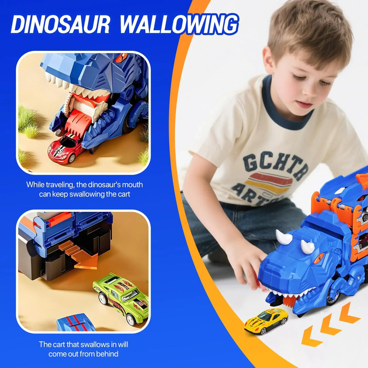 Dinosaur Transport Truck Toy Race Track Folding Dino Carrier Car Set