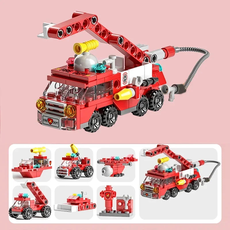 Mini size 6 In 1 Building Blocks DIY Police Car Fire Truck Castle
