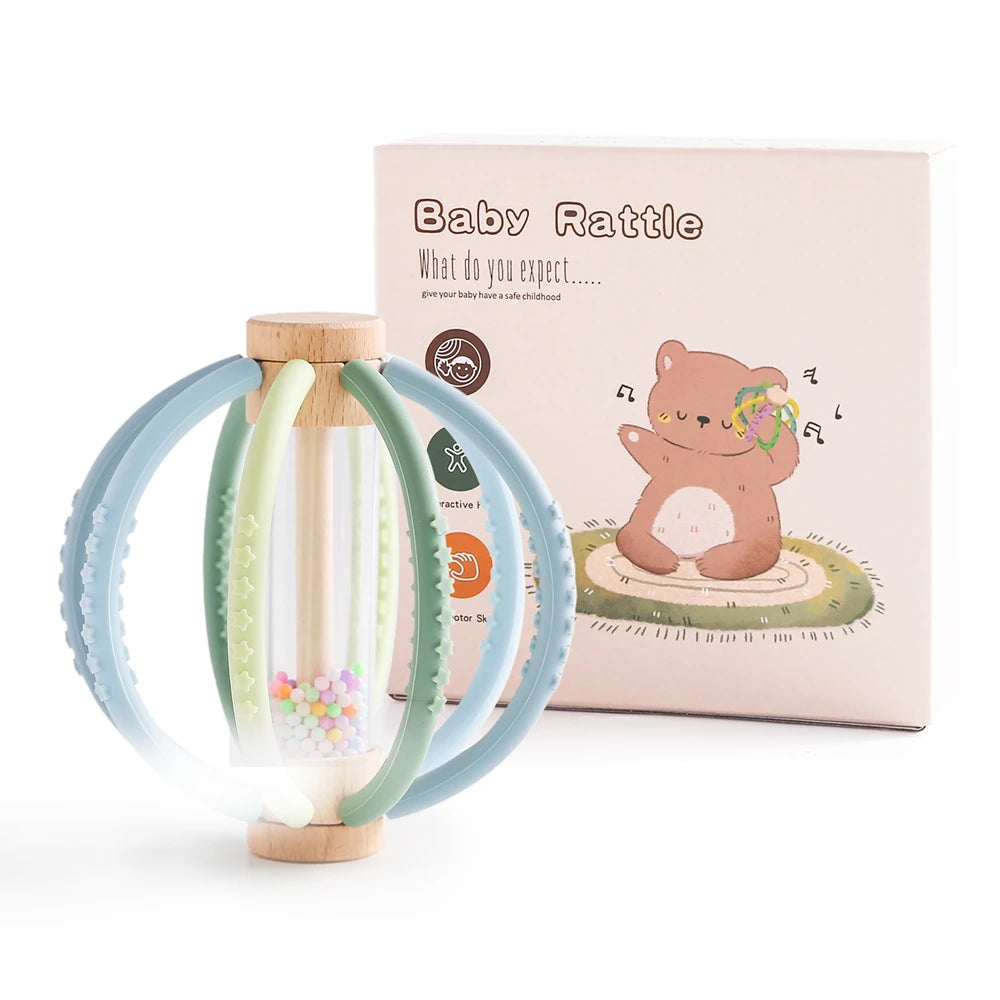 Rattle Toy Wooden Rain Drum With Silicone Silicone Teeth Grinding Rod Baby Toy