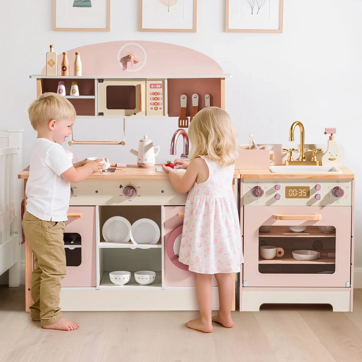 Robud Kids Wooden Pink Play Kitchen All in 1 Corner Set Includes Oven