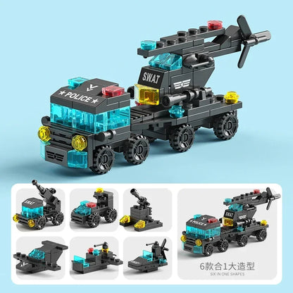 Mini size 6 In 1 Building Blocks DIY Police Car Fire Truck Castle