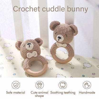 1PC Crochet Animal Bear Rattle Toy Soother Bracelet Wooden Teether Ring