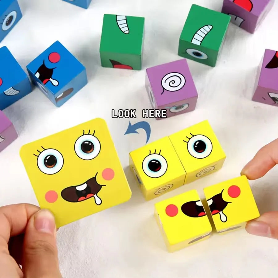 Kids Face Change Expression Puzzle Building Blocks Montessori Cube Table Game Toy