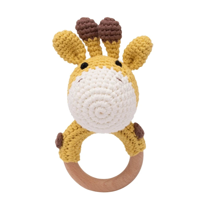1PC Crochet Animal Bear Rattle Toy Soother Bracelet Wooden Teether Ring