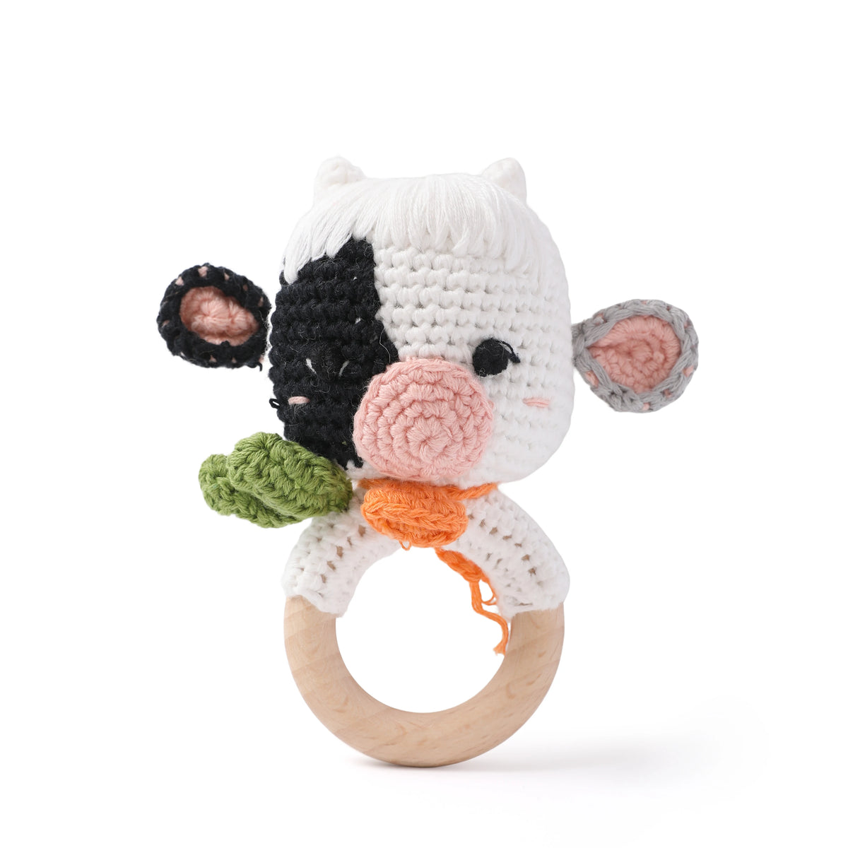 1PC Crochet Animal Bear Rattle Toy Soother Bracelet Wooden Teether Ring