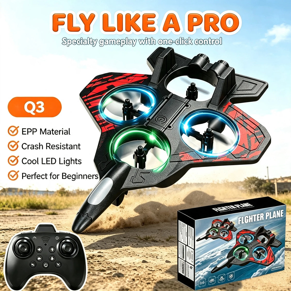 Q3 RC Fighter Plane Drone EPP Anti-Collision Foam Remote Control Aircraft With LED Lights